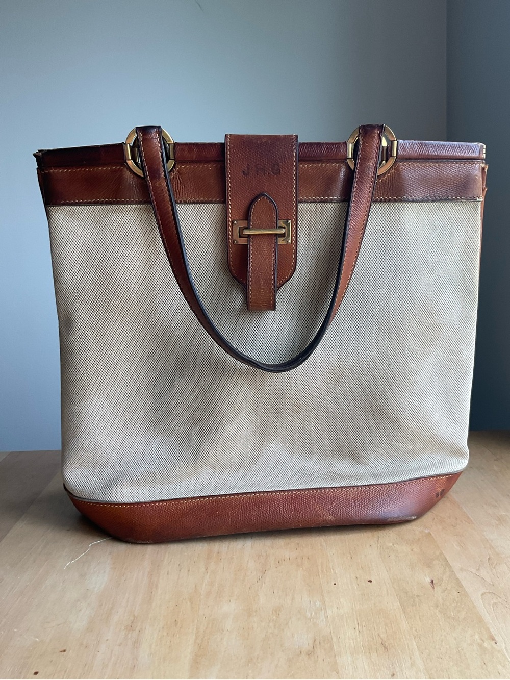 Vintage Hermès Berry Toile and Leather, Monogrammed Bag EUC
